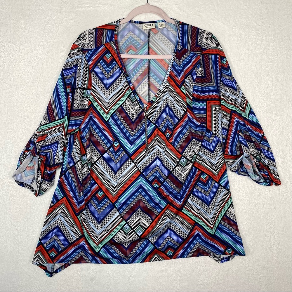 Cato Women’s Plus Size 14/16W Top 1/4 Zip Roll Tab Sleeve Geometric Print Tunic